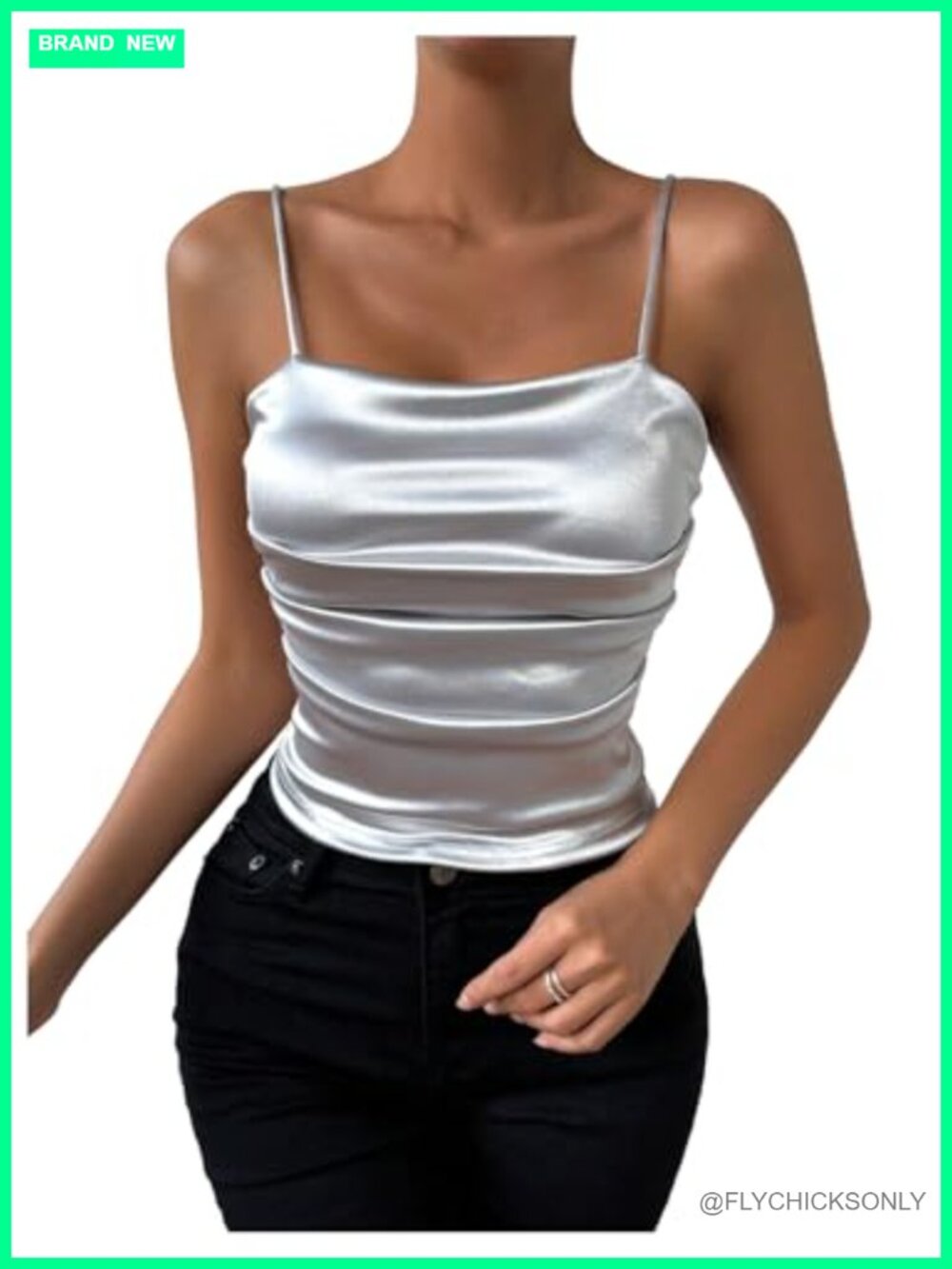 Silky Satin Pleated Cami Top Spaghetti Strap Square Neck Sleeveless
